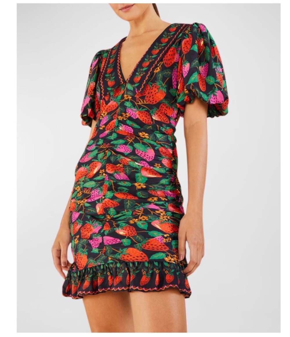 FARM Rio Lady Strawberry Ruched Puff-Sleeve Mini Dress